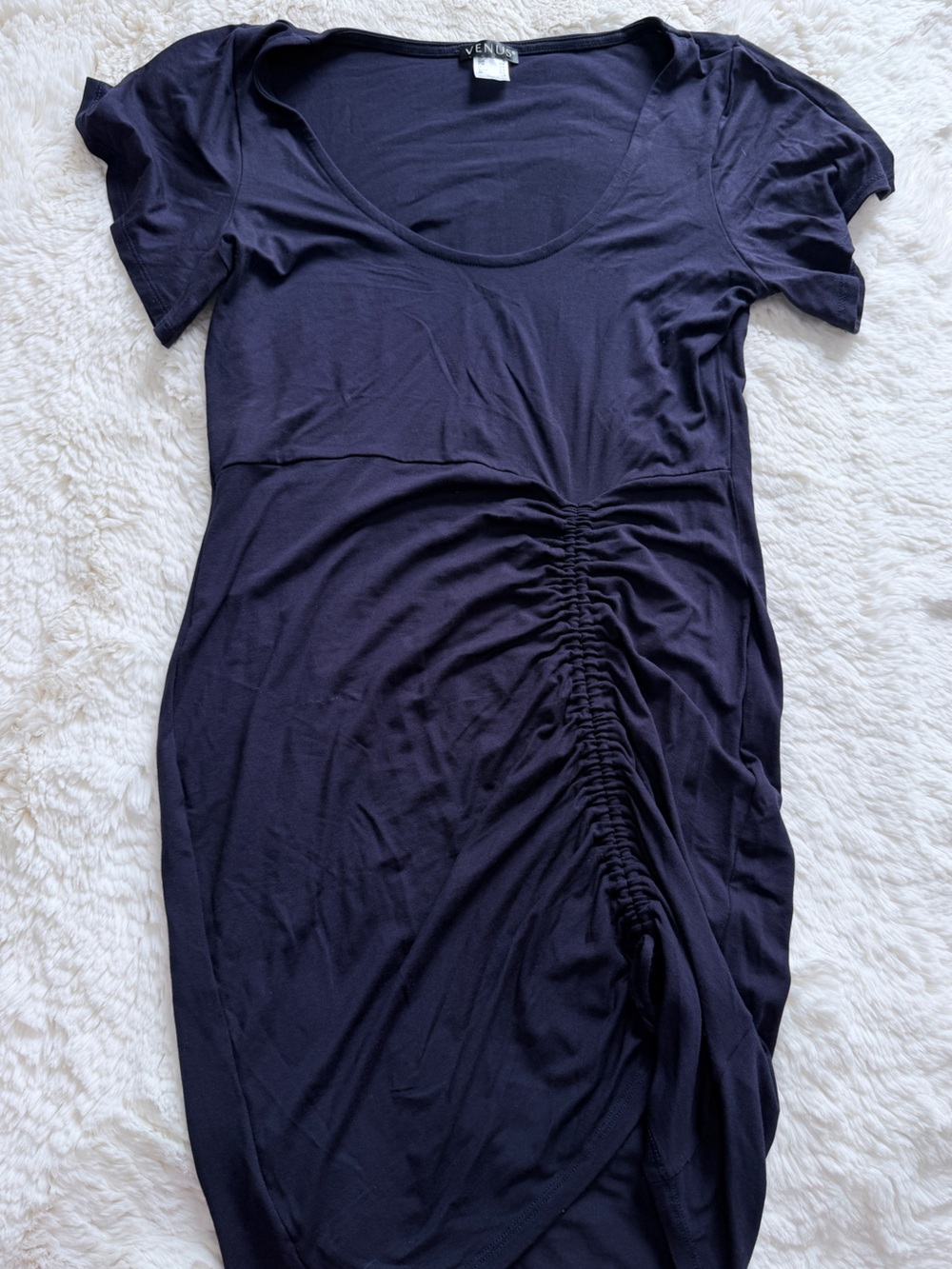 VENUS Navy Short Sleeve Ruched Front Dress